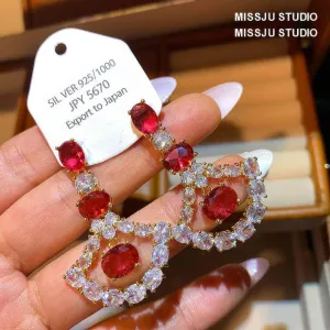 Ruby Crystal 925 Silver Dangle Earrings