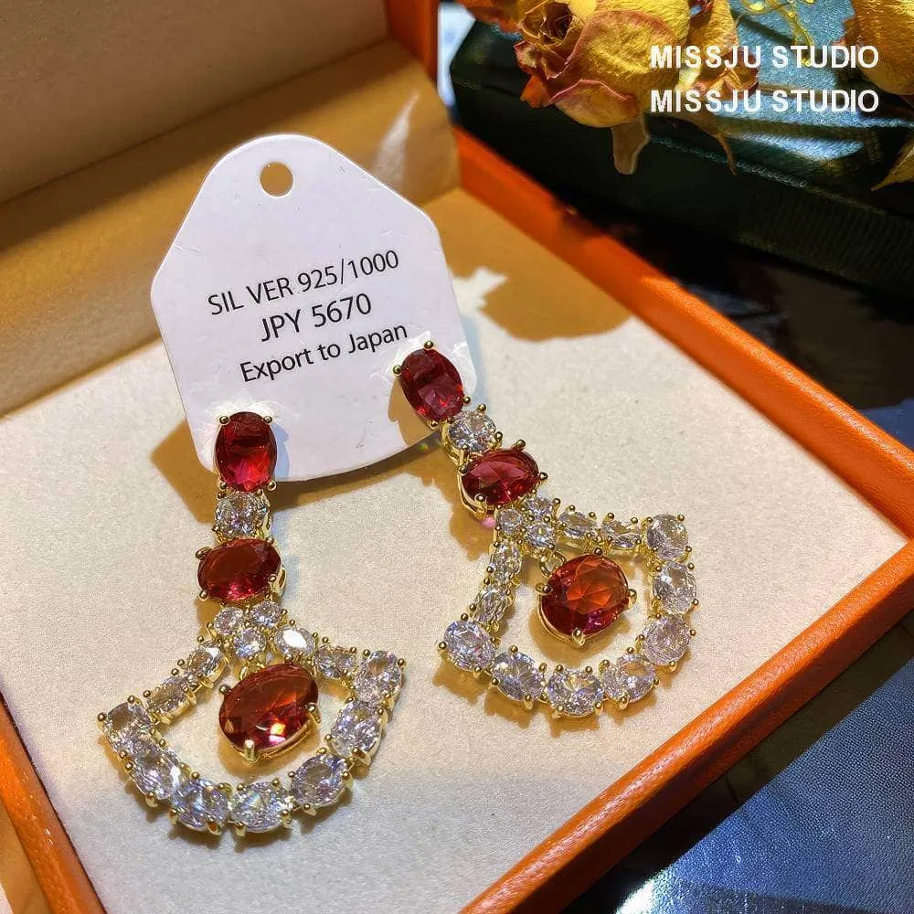 Ruby Crystal 925 Silver Dangle Earrings