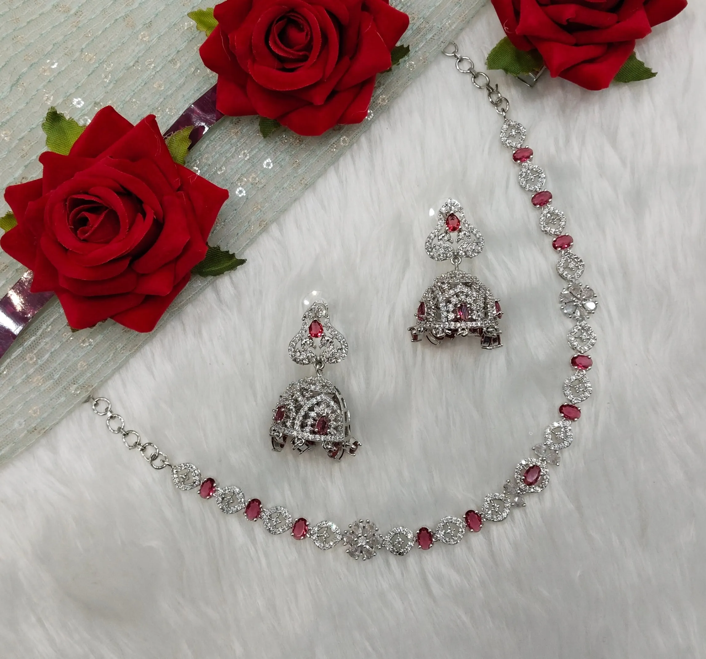 Ruby Silver CZ Necklace Indian Jewellery Jaysurya Set