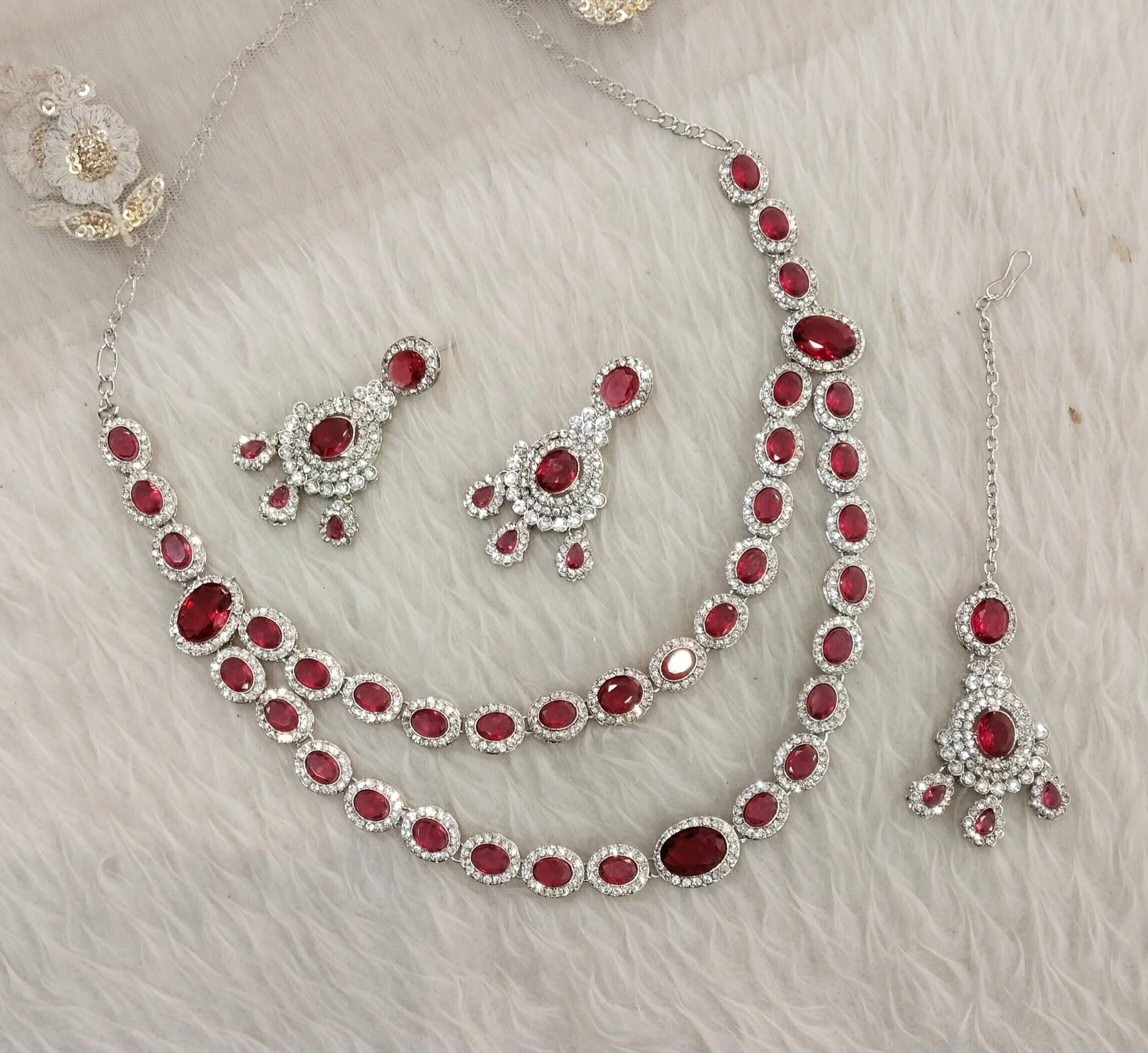 Ruby Silver Zircon Necklace Indian Jewellery Angel Set