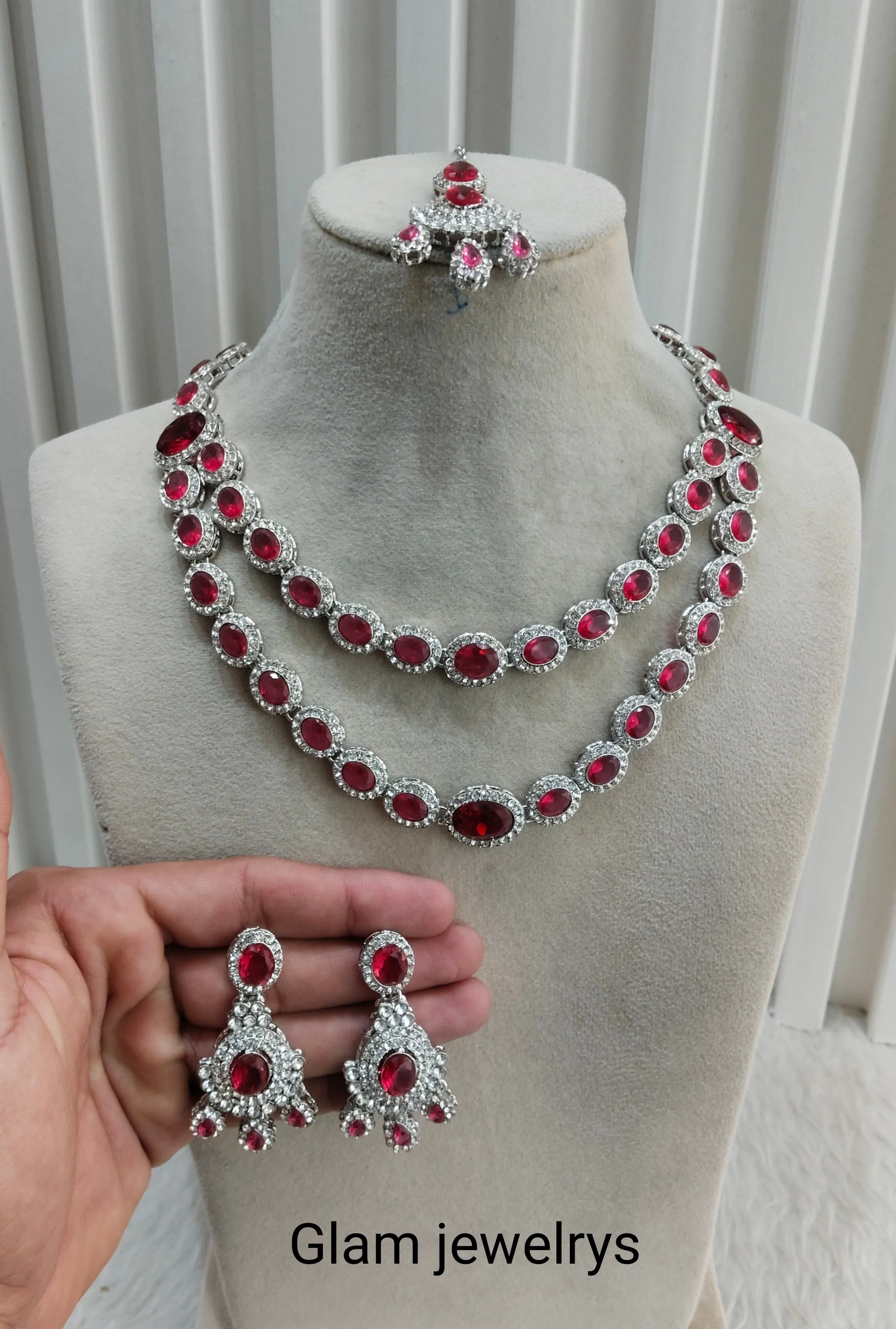 Ruby Silver Zircon Necklace Indian Jewellery Angel Set