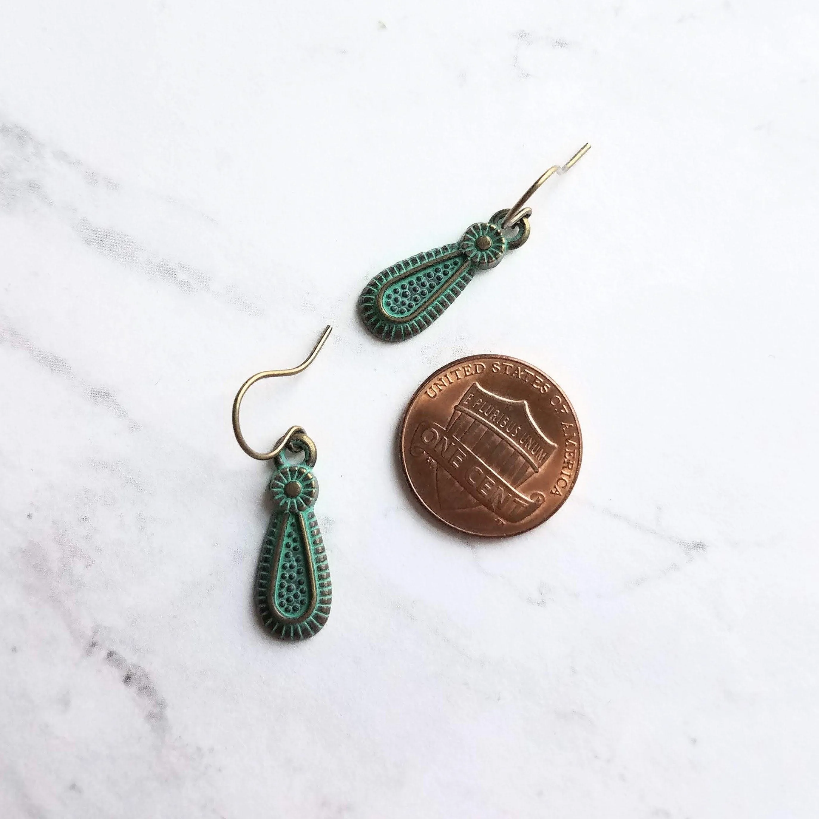 Rustic Earrings, rustic teardrop earring, verdigris earring, verdigris patina earring, green patina earring, bronze teardrop earring, small