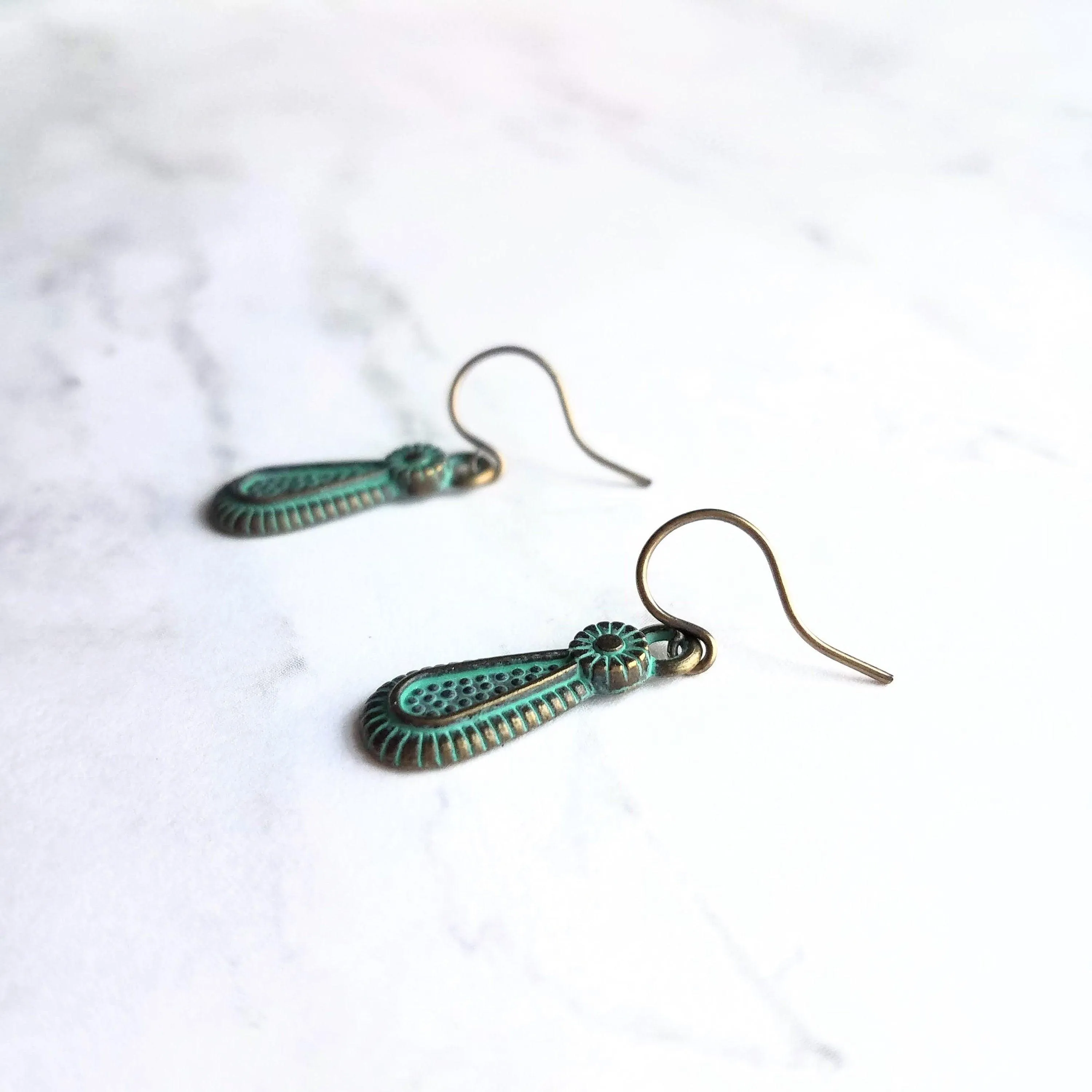 Rustic Earrings, rustic teardrop earring, verdigris earring, verdigris patina earring, green patina earring, bronze teardrop earring, small