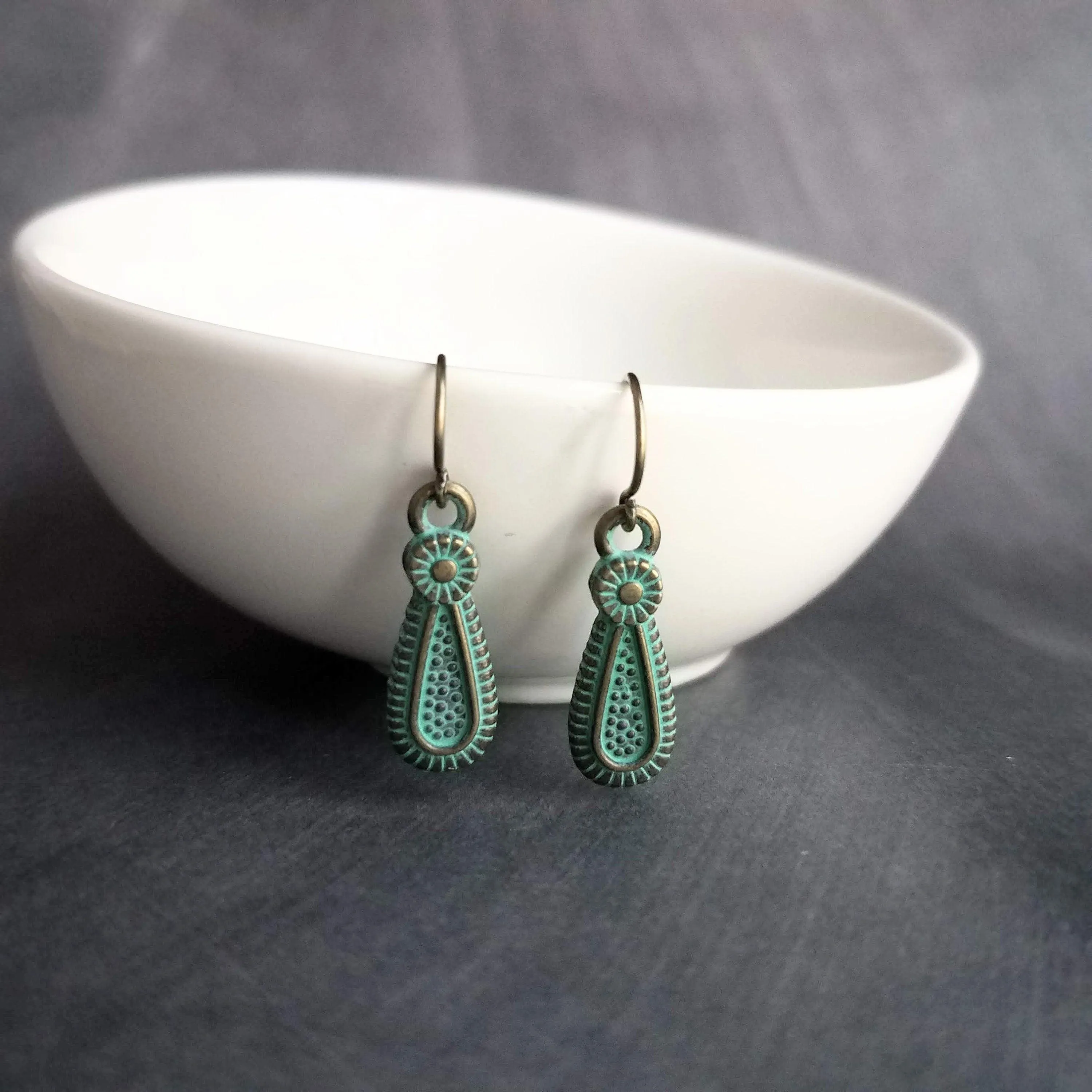 Rustic Earrings, rustic teardrop earring, verdigris earring, verdigris patina earring, green patina earring, bronze teardrop earring, small