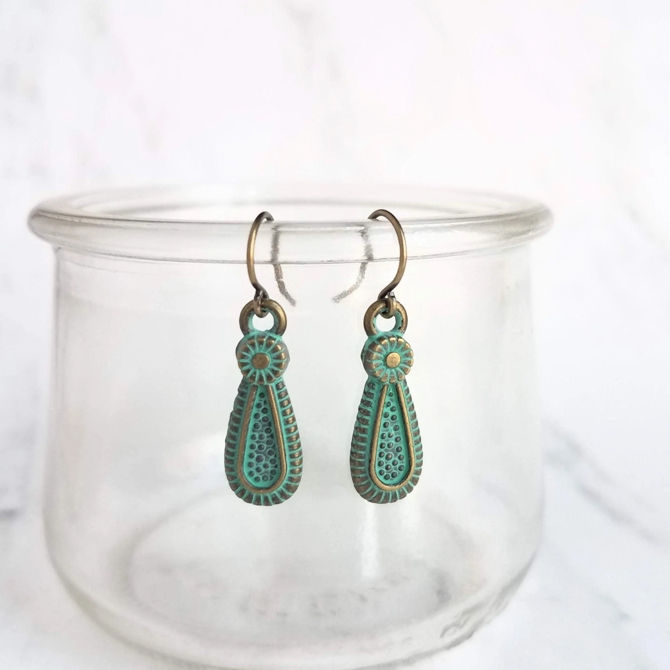 Rustic Earrings, rustic teardrop earring, verdigris earring, verdigris patina earring, green patina earring, bronze teardrop earring, small