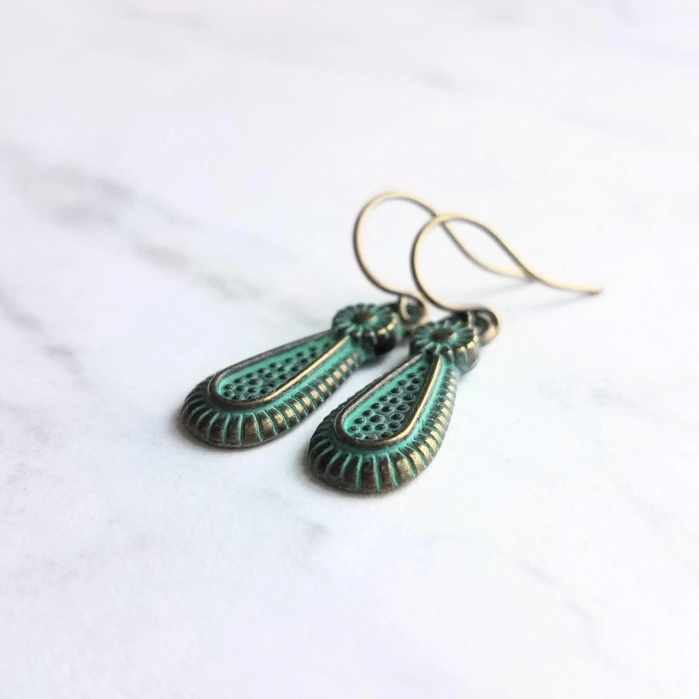 Rustic Earrings, rustic teardrop earring, verdigris earring, verdigris patina earring, green patina earring, bronze teardrop earring, small