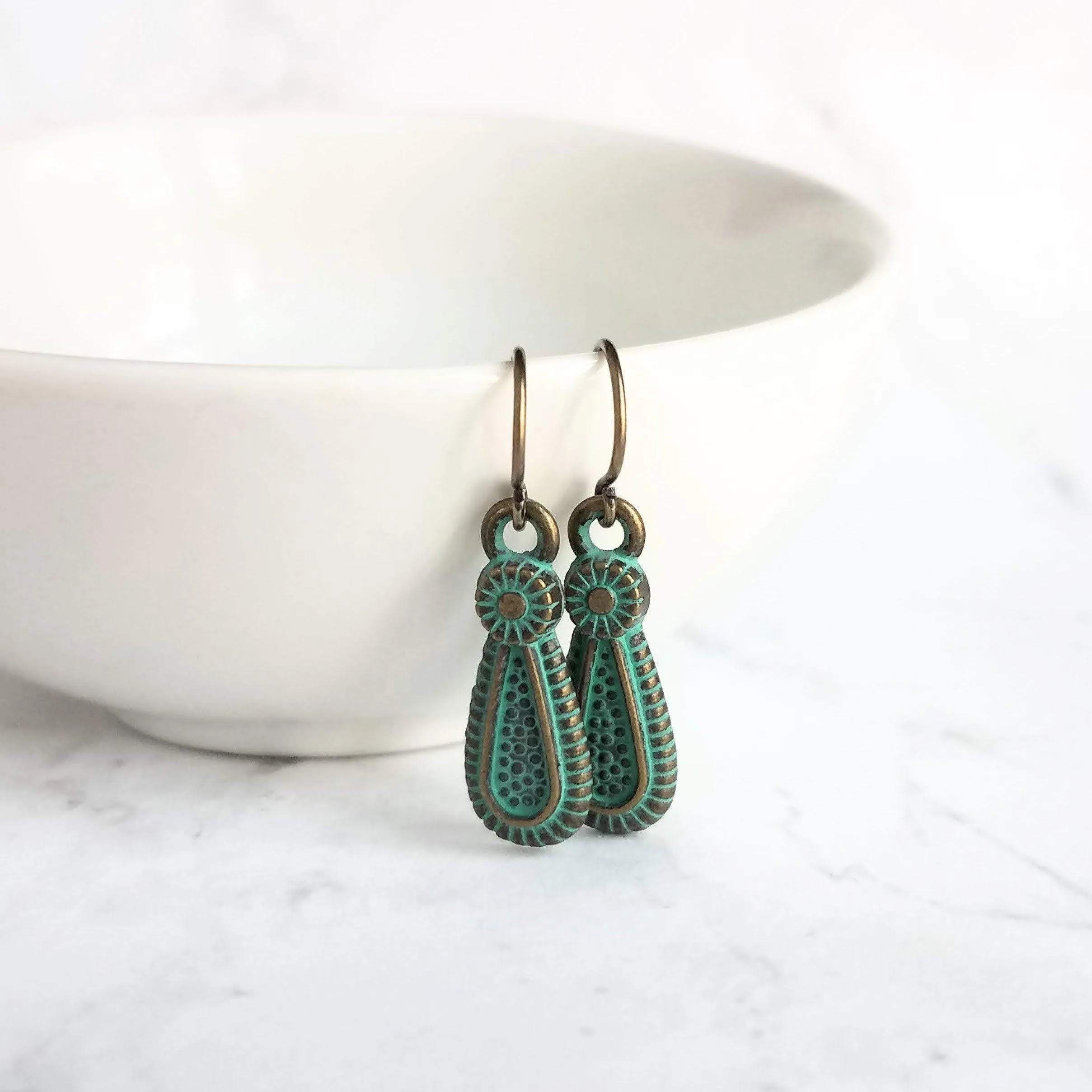 Rustic Earrings, rustic teardrop earring, verdigris earring, verdigris patina earring, green patina earring, bronze teardrop earring, small