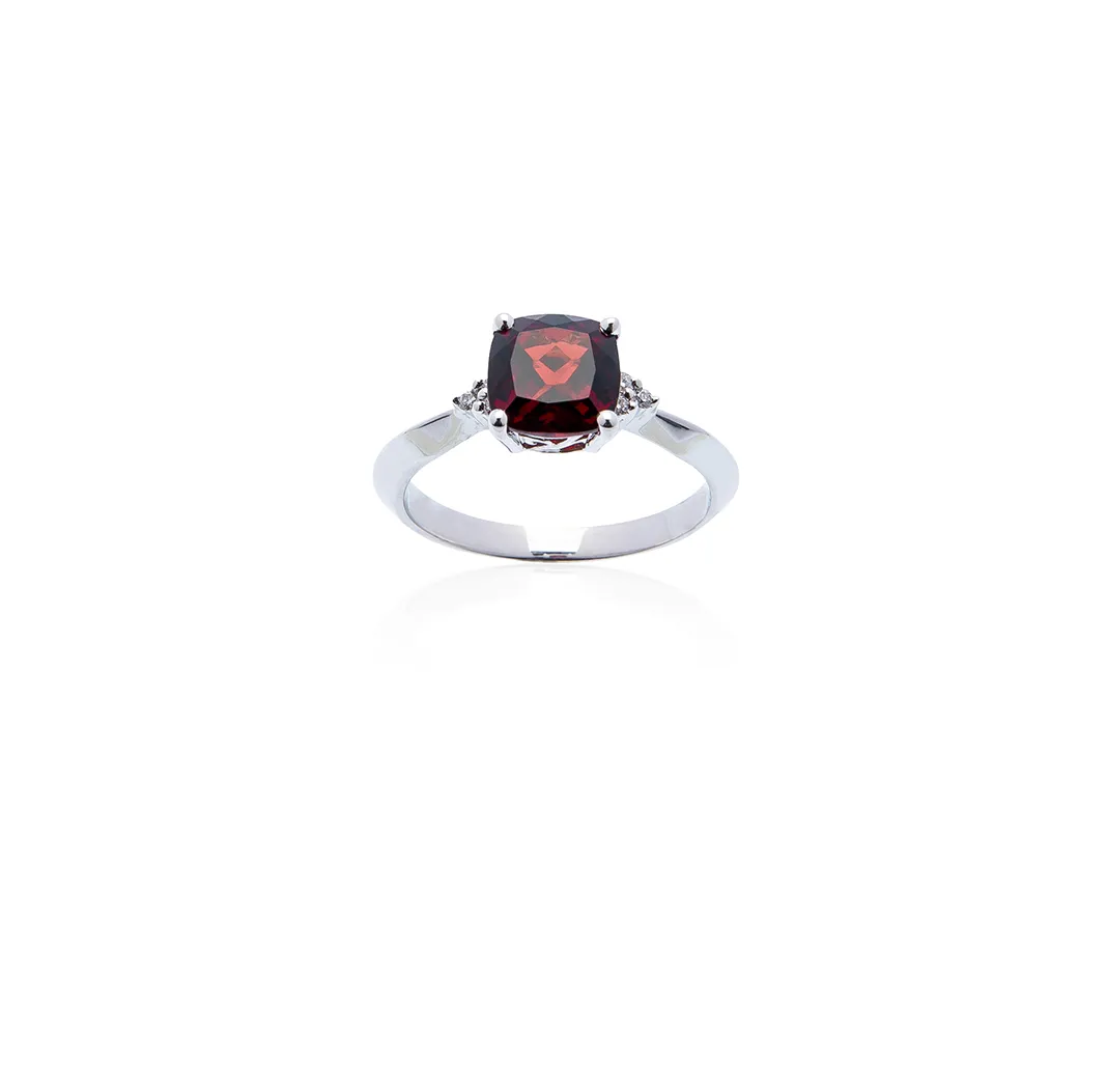 Sabel Collection 14K White Gold Cushion Garnet and Round Diamond Ring