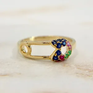 Safety Pin Ring with Sapphires Rubies and Emeralds 14k Yellow Gold
