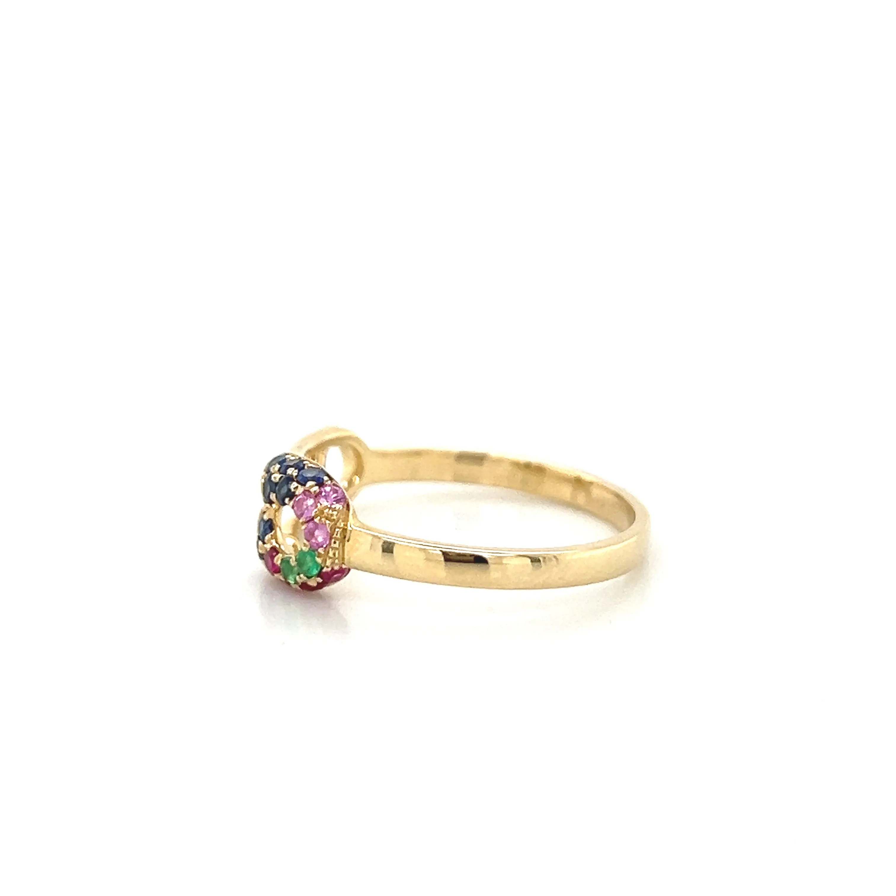 Safety Pin Ring with Sapphires Rubies and Emeralds 14k Yellow Gold