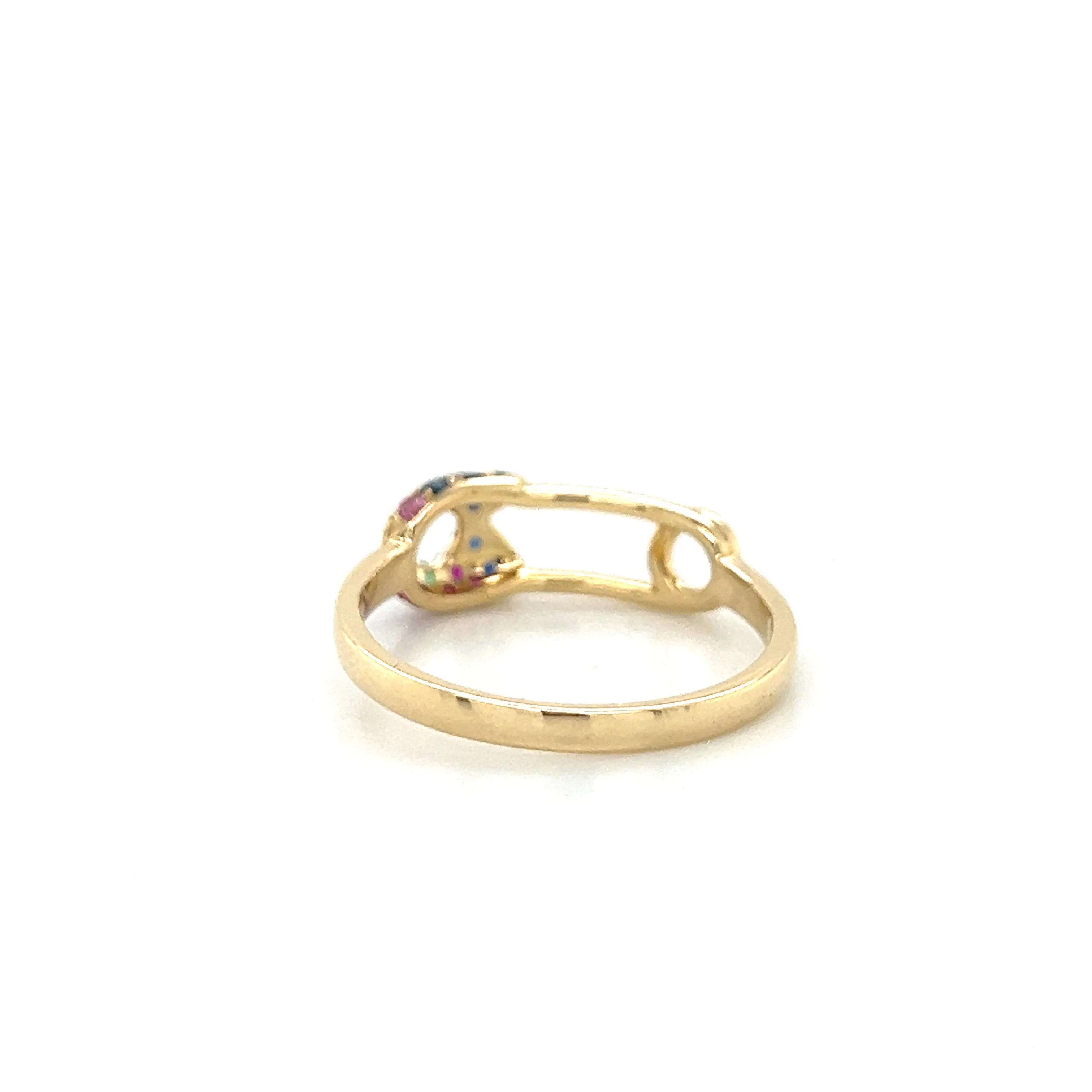 Safety Pin Ring with Sapphires Rubies and Emeralds 14k Yellow Gold