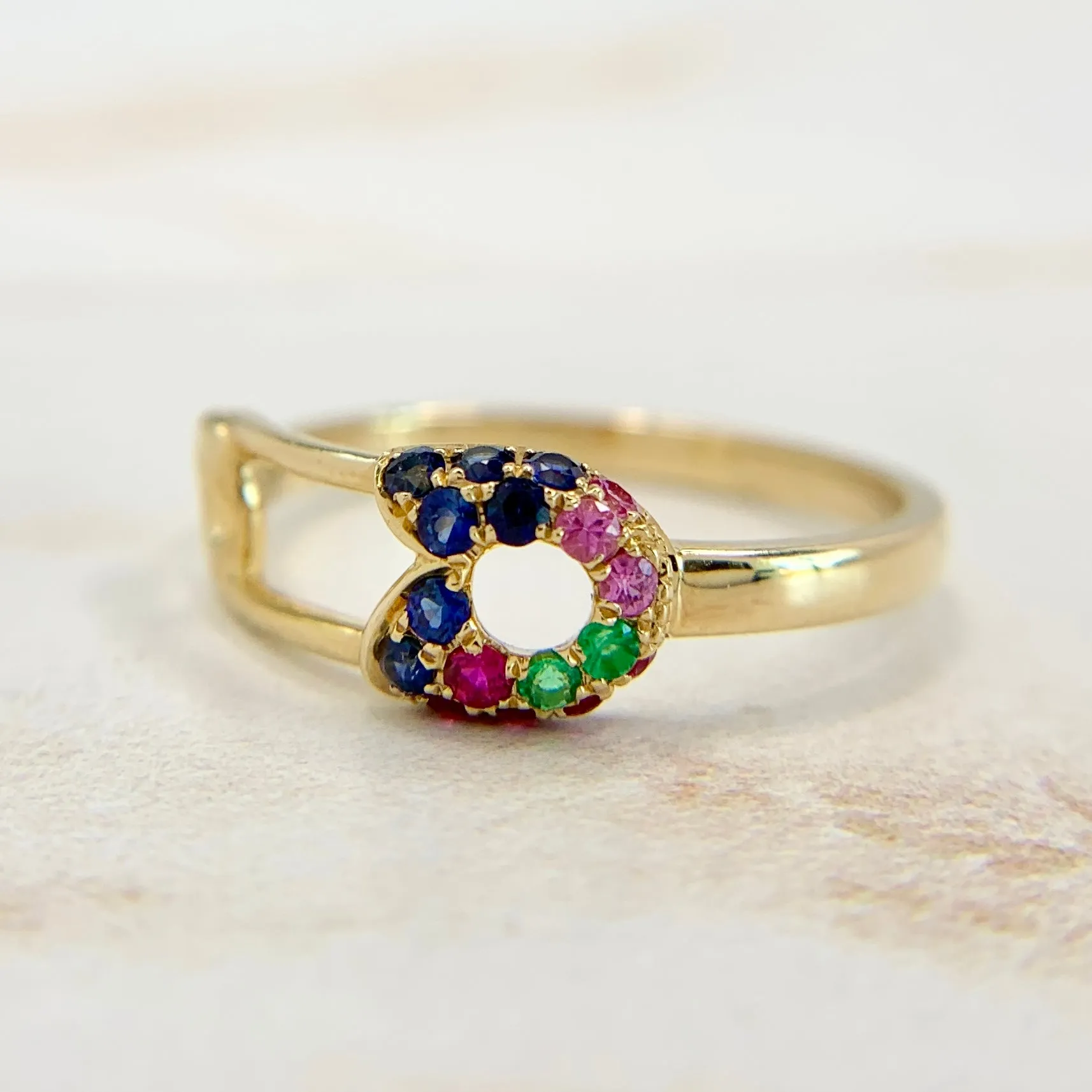 Safety Pin Ring with Sapphires Rubies and Emeralds 14k Yellow Gold