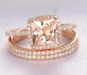 Sale 2 Carat Princess Cut Morganite And Diamond Moissanite Trio Wedding Bridal Ring Set in 10k Rose Gold With One Engagement Ring And 2 Wedding Bands