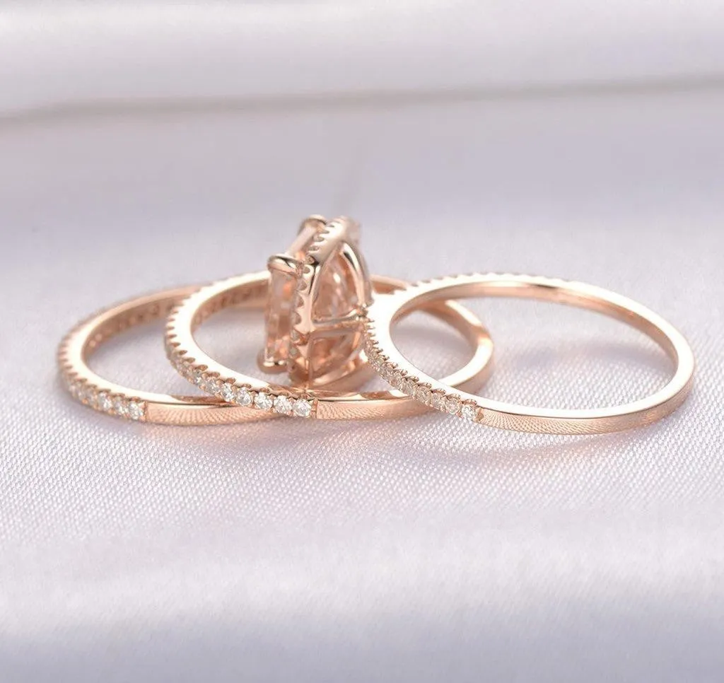 Sale 2 Carat Princess Cut Morganite And Diamond Moissanite Trio Wedding Bridal Ring Set in 10k Rose Gold With One Engagement Ring And 2 Wedding Bands