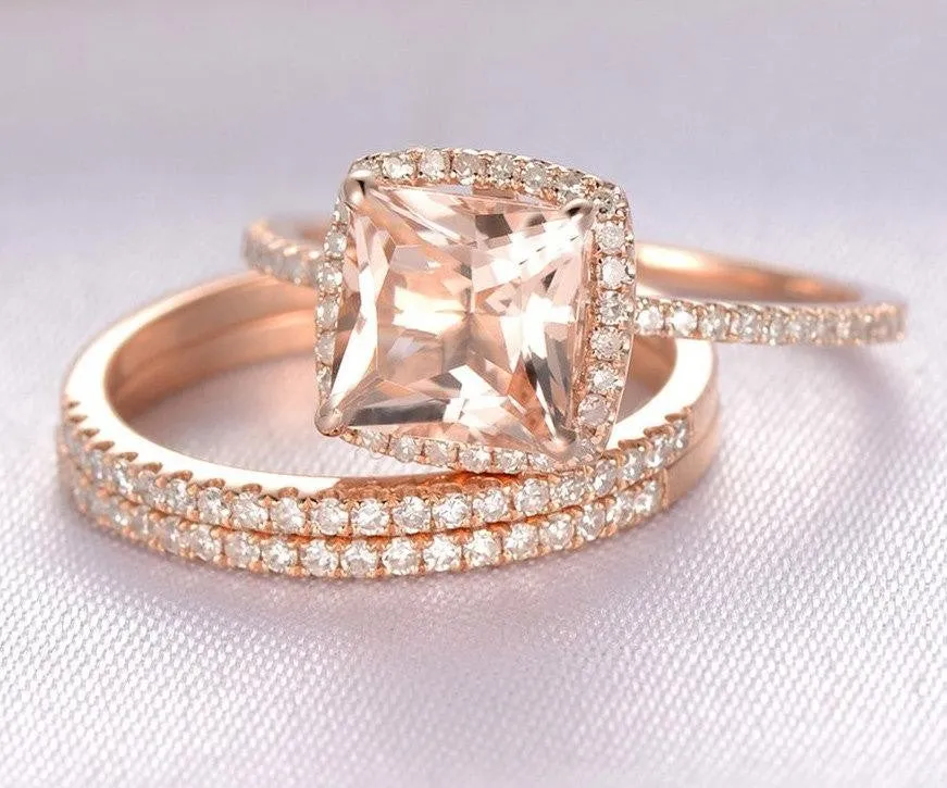 Sale 2 Carat Princess Cut Morganite And Diamond Moissanite Trio Wedding Bridal Ring Set in 10k Rose Gold With One Engagement Ring And 2 Wedding Bands