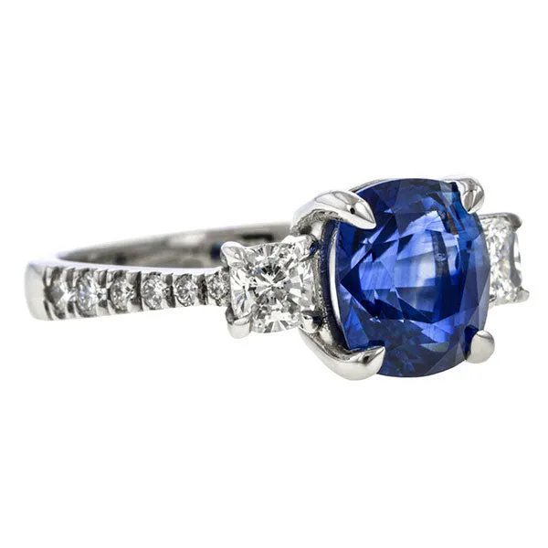 Sapphire & Diamond Ring, Cushion 3.24ct.