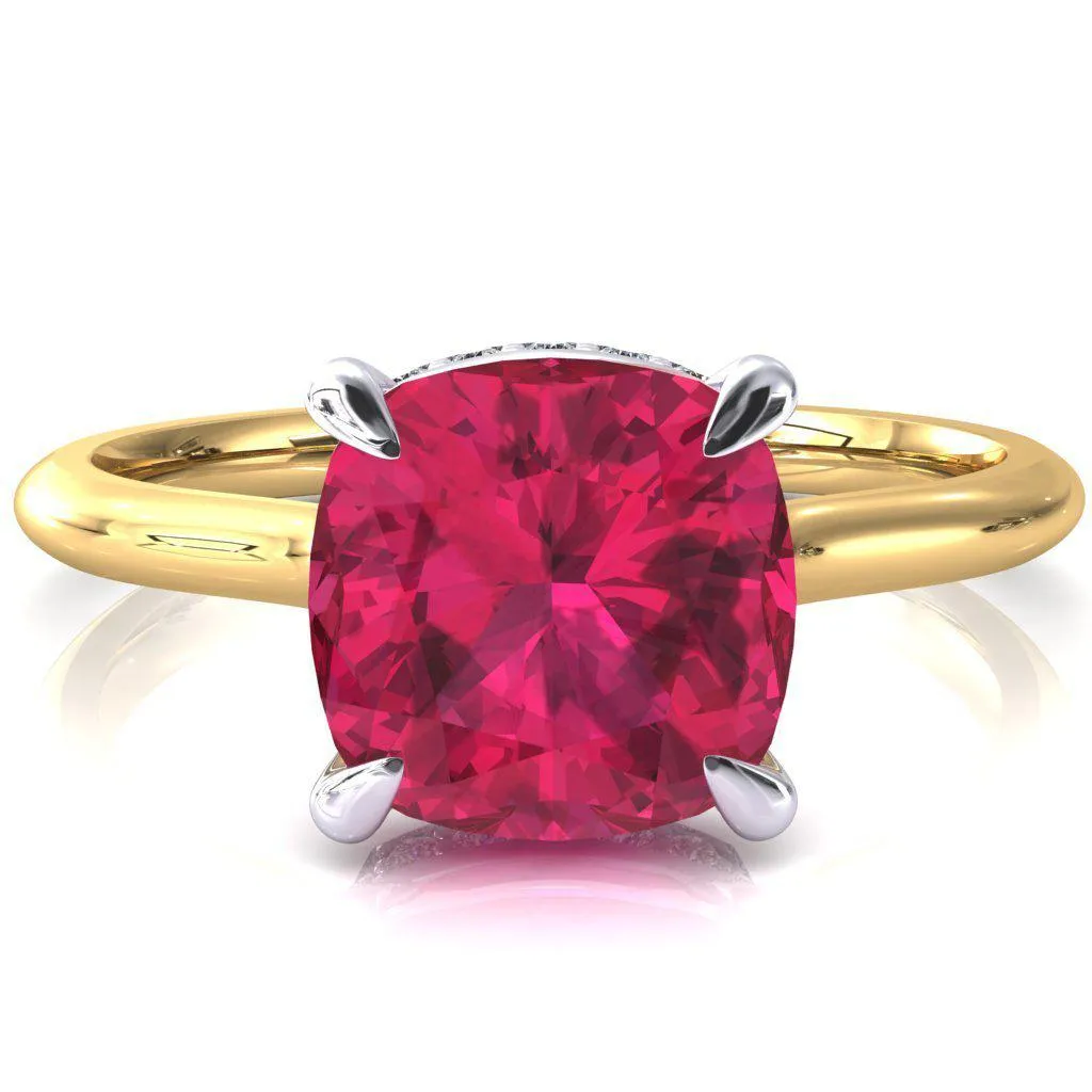 Secret Cushion Ruby 4 Prong Floating Halo Engagement Ring