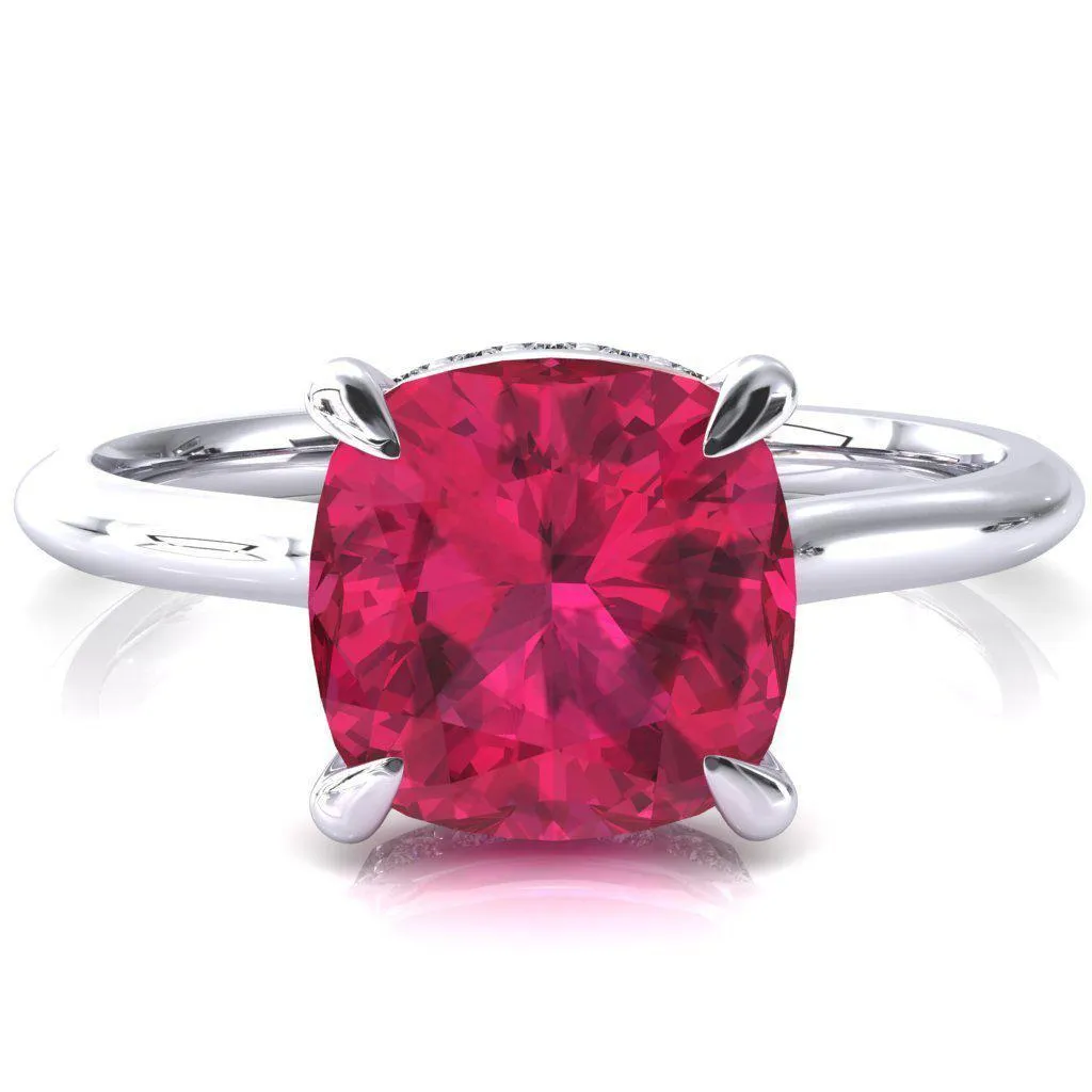 Secret Cushion Ruby 4 Prong Floating Halo Engagement Ring