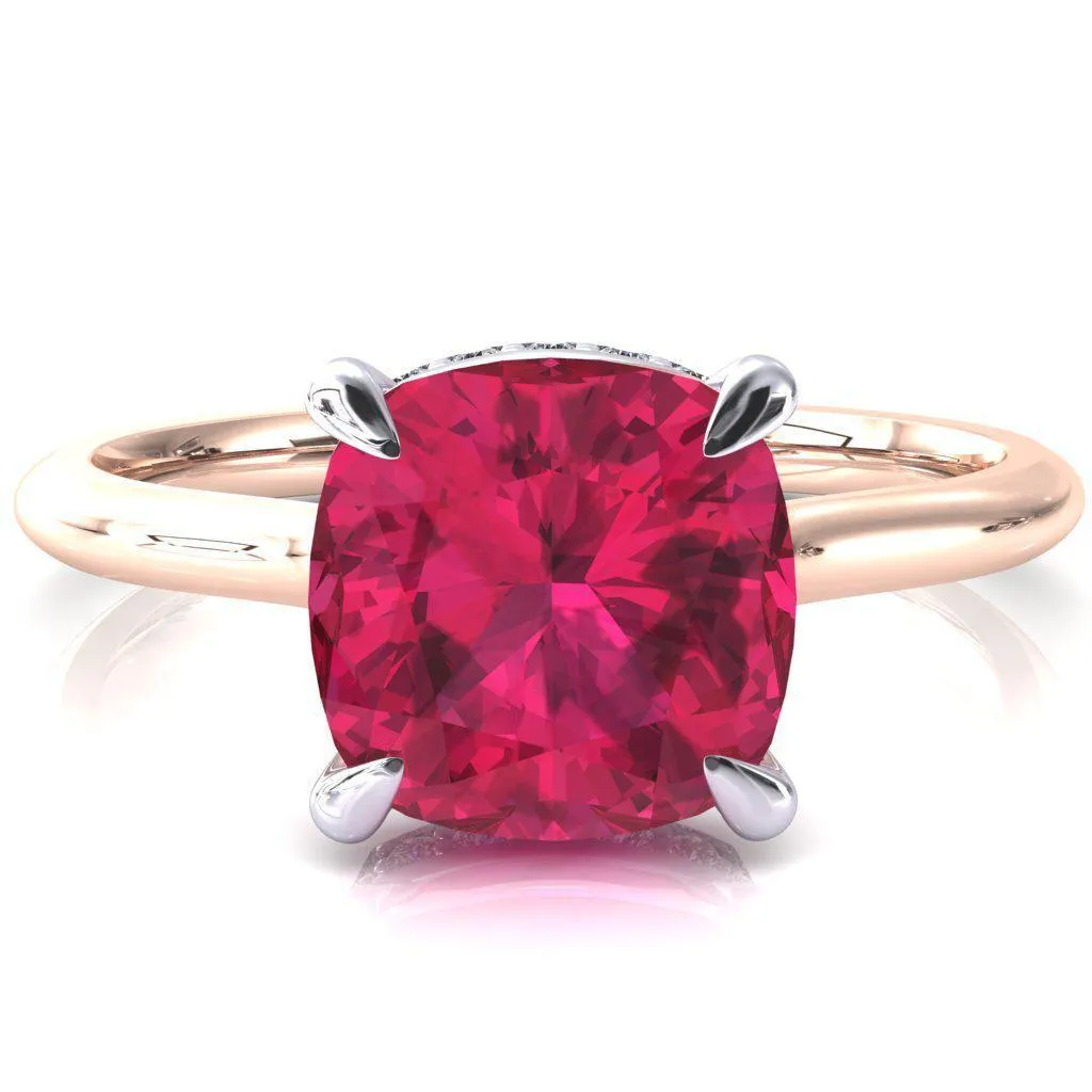 Secret Cushion Ruby 4 Prong Floating Halo Engagement Ring