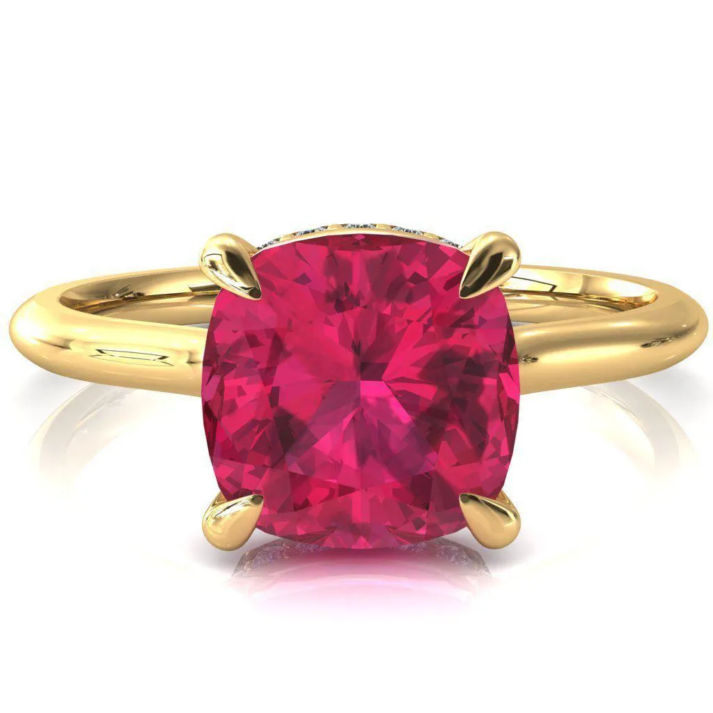 Secret Cushion Ruby 4 Prong Floating Halo Engagement Ring