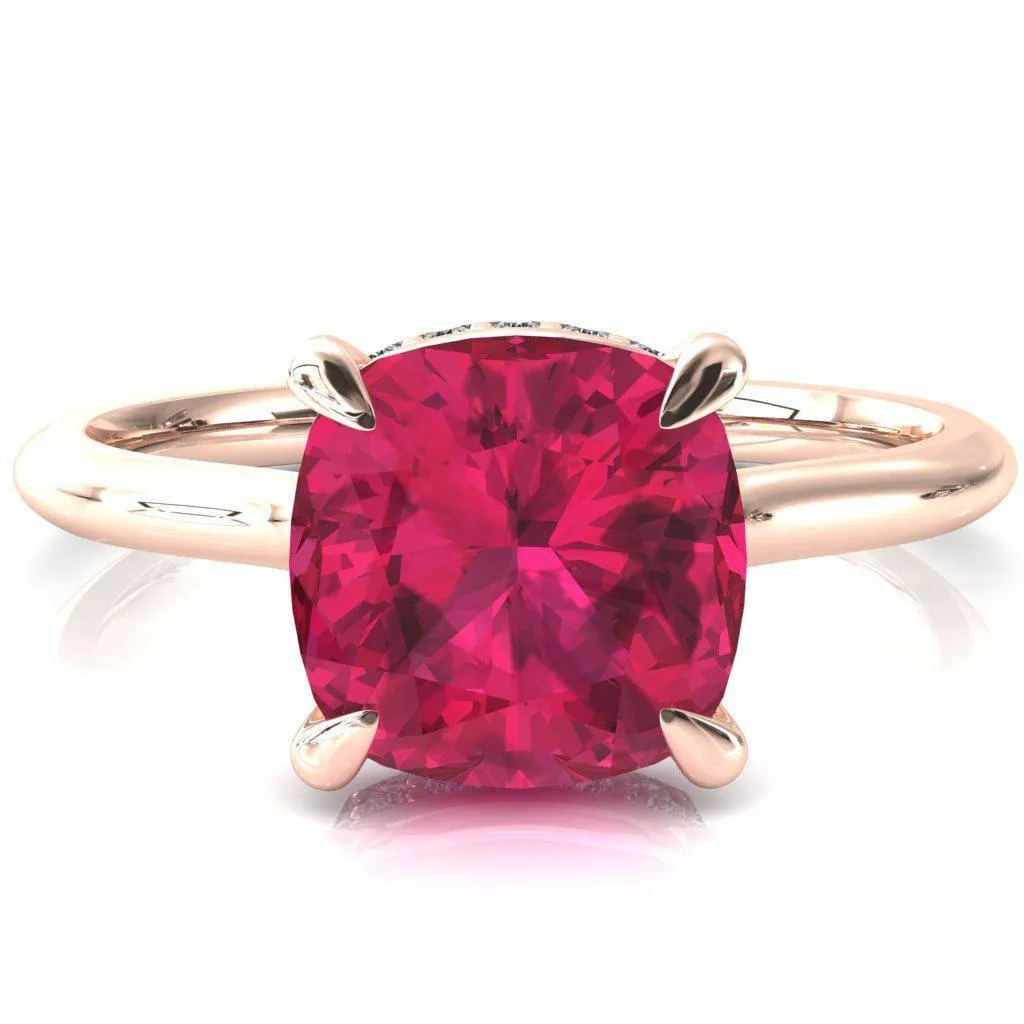 Secret Cushion Ruby 4 Prong Floating Halo Engagement Ring