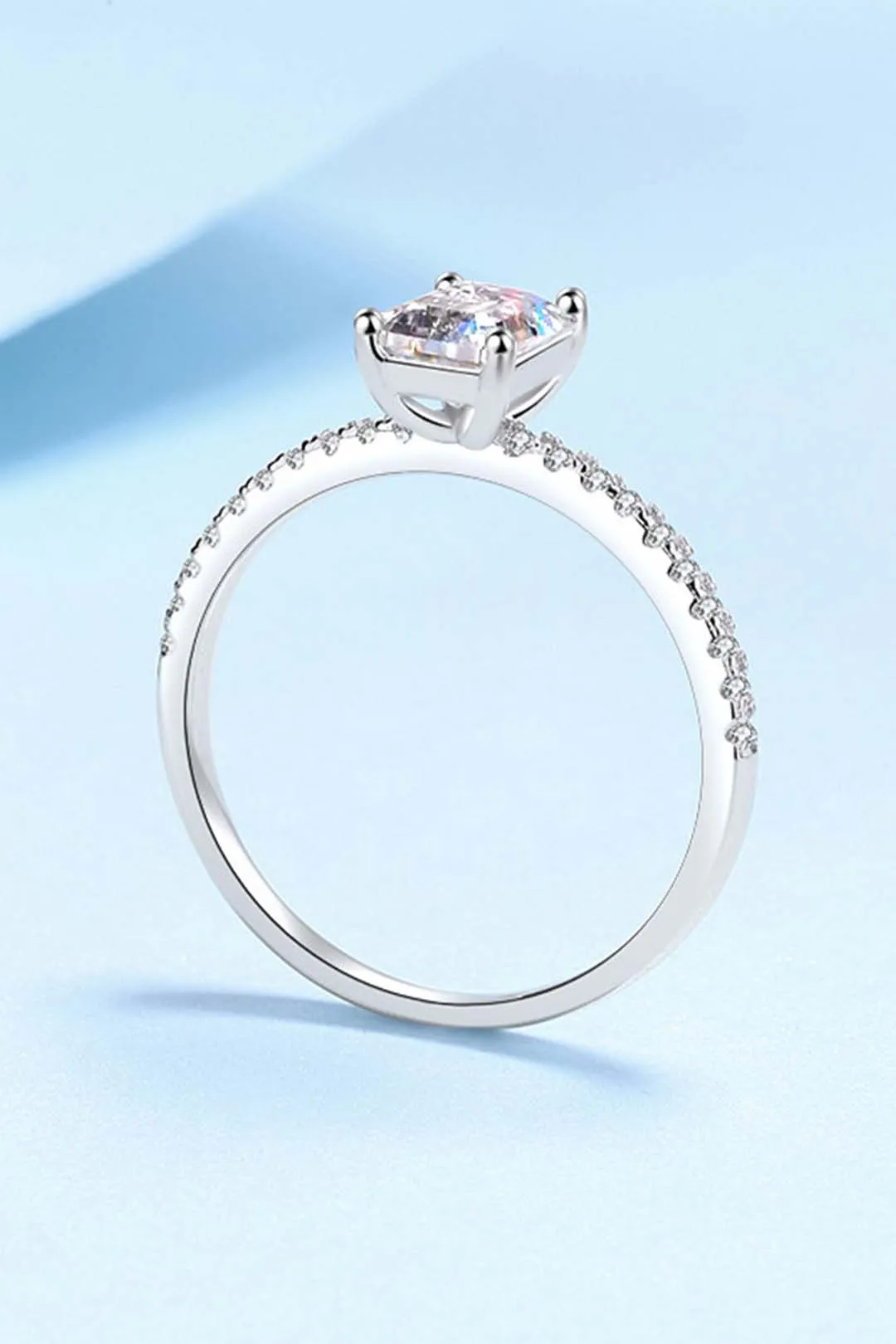 Seraphina Emerald Cut Solitaire Moissanite Ring in Sterling Silver with Platinum Coating
