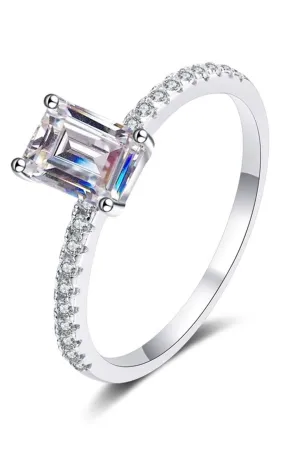 Seraphina Emerald Cut Solitaire Moissanite Ring in Sterling Silver with Platinum Coating