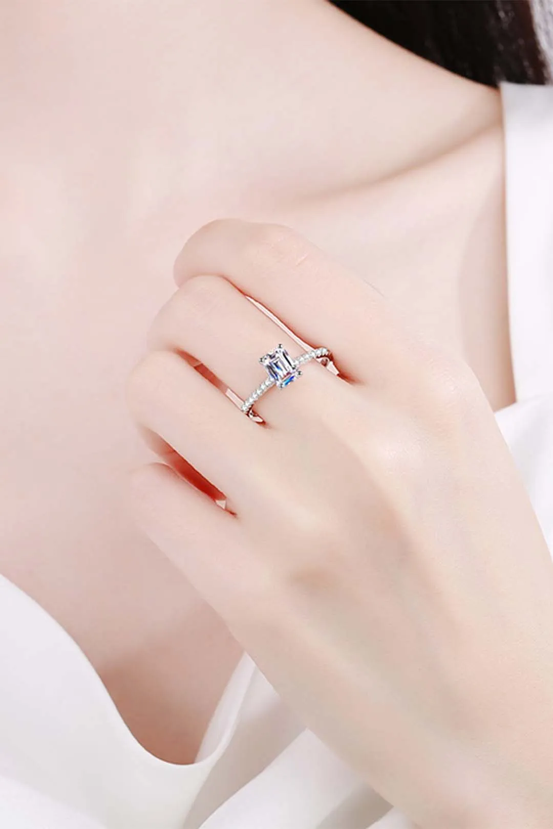 Seraphina Emerald Cut Solitaire Moissanite Ring in Sterling Silver with Platinum Coating