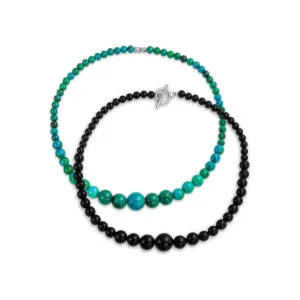 Set of 2 Graduated Blue Turquoise Black Onyx Bead Strand Necklace 18 Inch