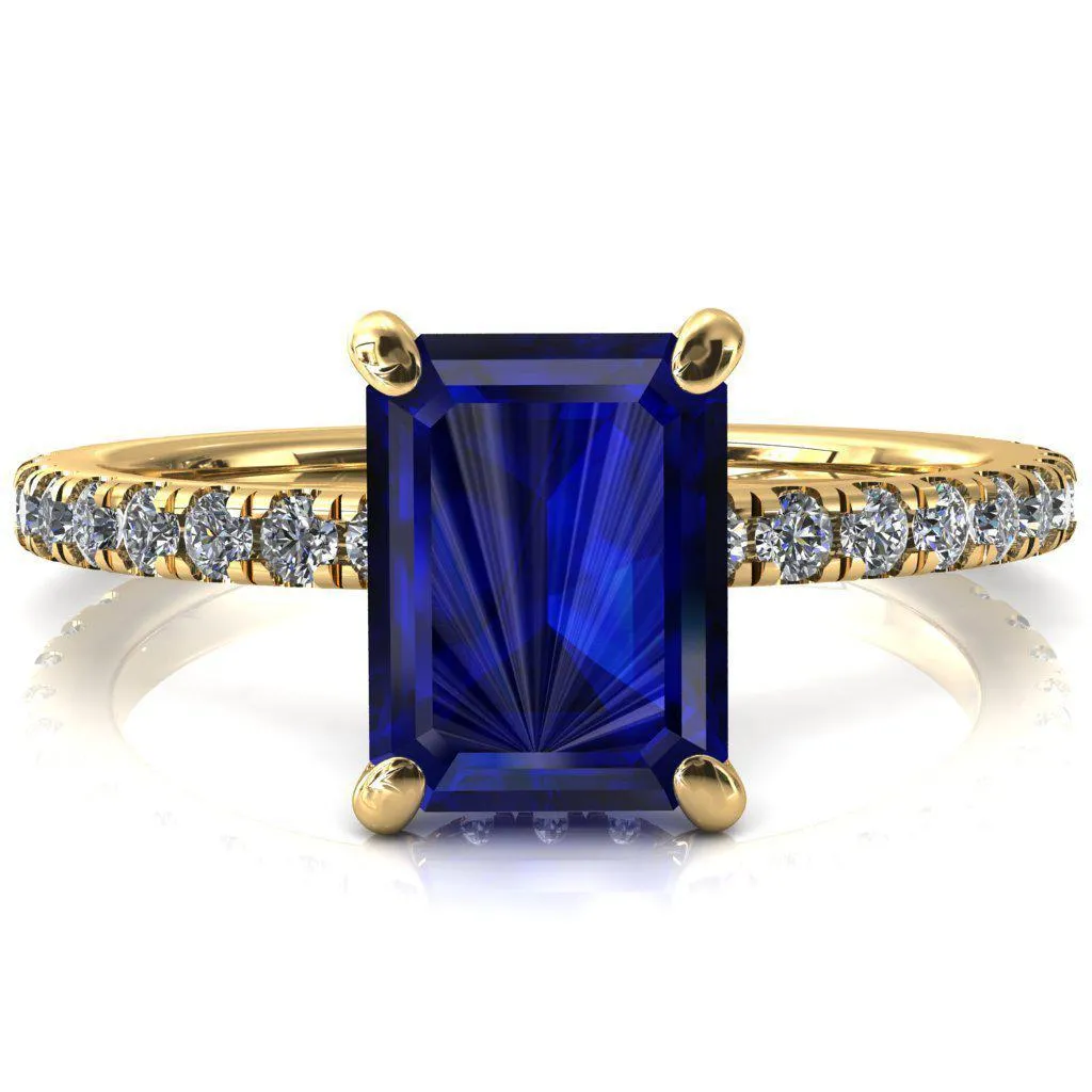 Sicili Emerald Blue Sapphire 4 Prong 3/4 Micro Pave Diamond Engagement Ring