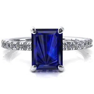 Sicili Emerald Blue Sapphire 4 Prong 3/4 Micro Pave Diamond Engagement Ring