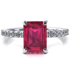 Sicili Emerald Ruby 4 Prong 3/4 Micro Pave Diamond Engagement Ring