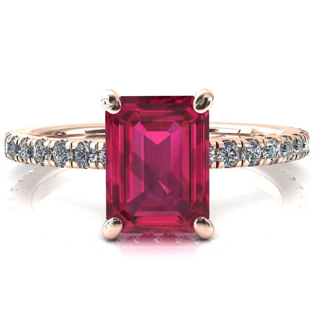 Sicili Emerald Ruby 4 Prong 3/4 Micro Pave Diamond Engagement Ring