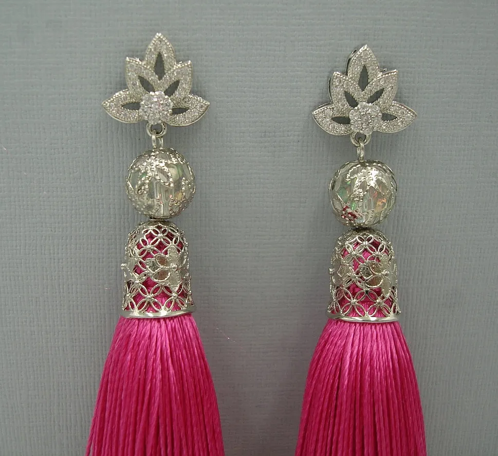 Silk Hot Pink Thread Tassels Flower Cibic Zirconia Earstud Dangle Earrings.