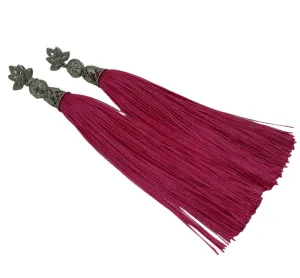 Silk Hot Pink Thread Tassels Flower Cibic Zirconia Earstud Dangle Earrings.