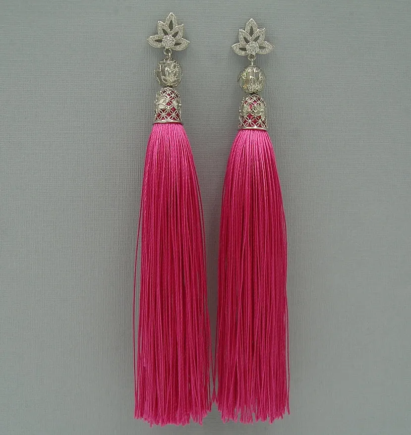 Silk Hot Pink Thread Tassels Flower Cibic Zirconia Earstud Dangle Earrings.