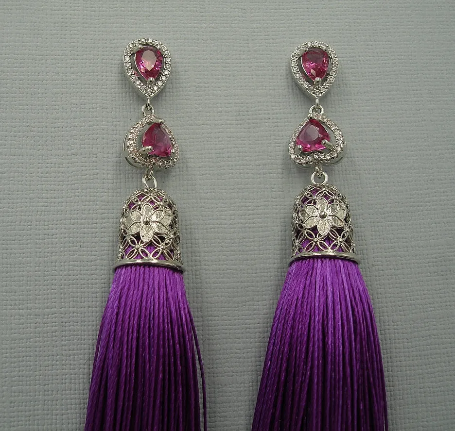 Silk Purple Thread Tassels Teardrop Cubic Zirconia Ear Stud Dangle Earrings.