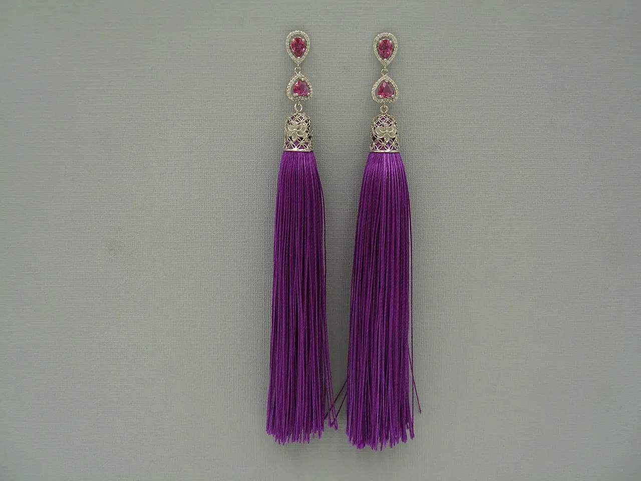 Silk Purple Thread Tassels Teardrop Cubic Zirconia Ear Stud Dangle Earrings.