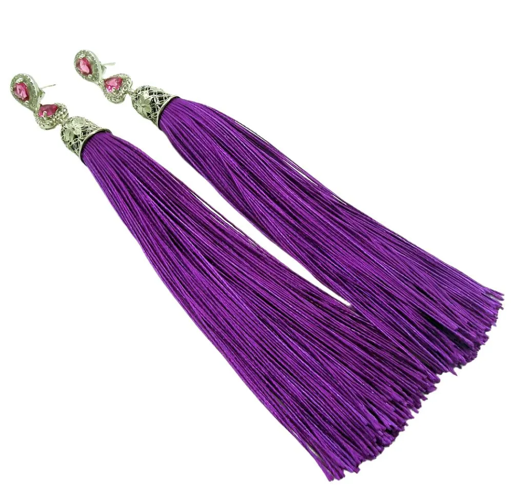 Silk Purple Thread Tassels Teardrop Cubic Zirconia Ear Stud Dangle Earrings.