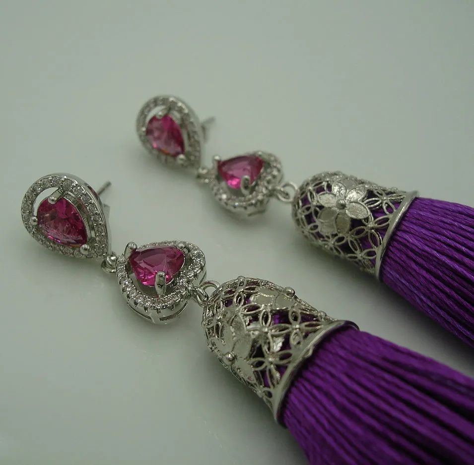 Silk Purple Thread Tassels Teardrop Cubic Zirconia Ear Stud Dangle Earrings.
