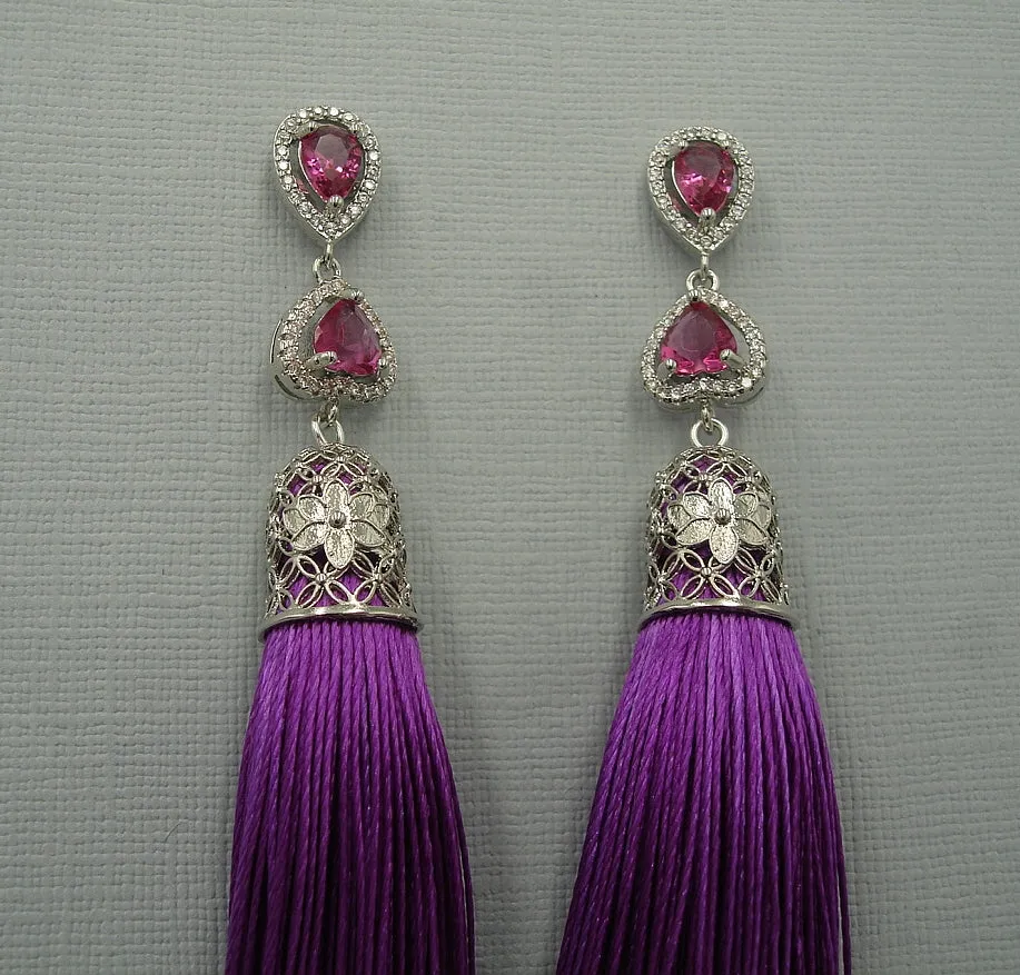 Silk Purple Thread Tassels Teardrop Cubic Zirconia Ear Stud Dangle Earrings.