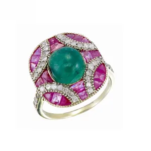 Silver Diamond with Natural Gemstone Art Deco Style Ring