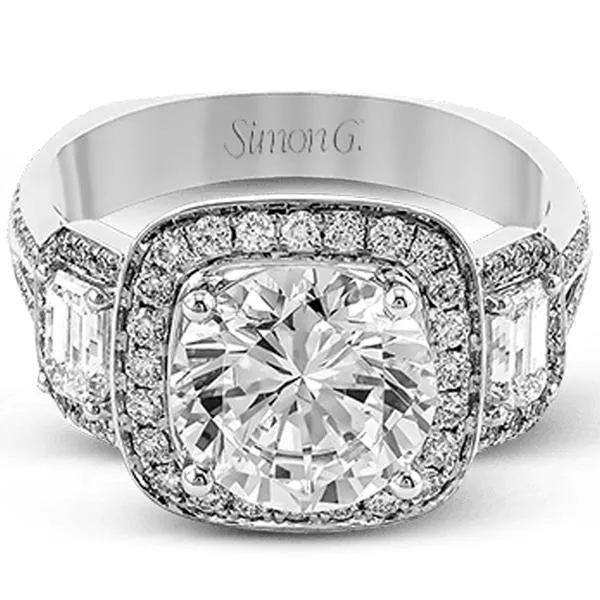 Simon G. Three Stone Large Center Cushion Halo Diamond Engagement Ring