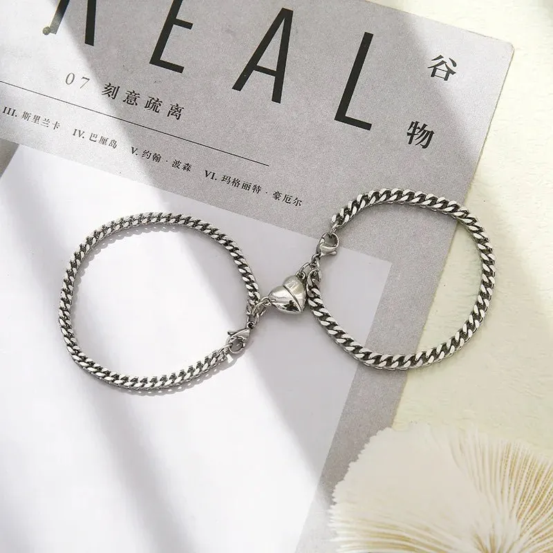 Simple Couples Cuban Magnetic Heart Bracelet Set