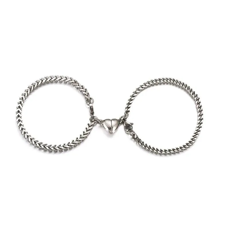 Simple Couples Cuban Magnetic Heart Bracelet Set