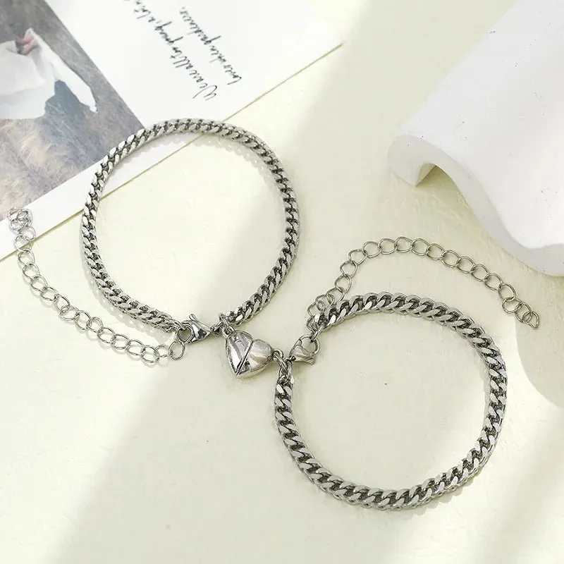 Simple Couples Cuban Magnetic Heart Bracelet Set