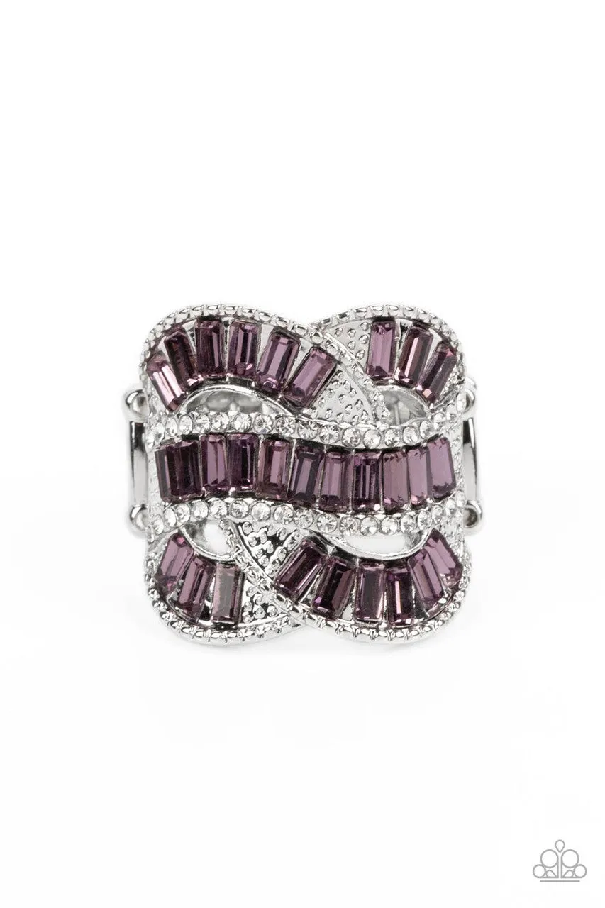 Six-Figure Flex - Purple - Emerald Cut Rhinestone Swirl Paparazzi Ring