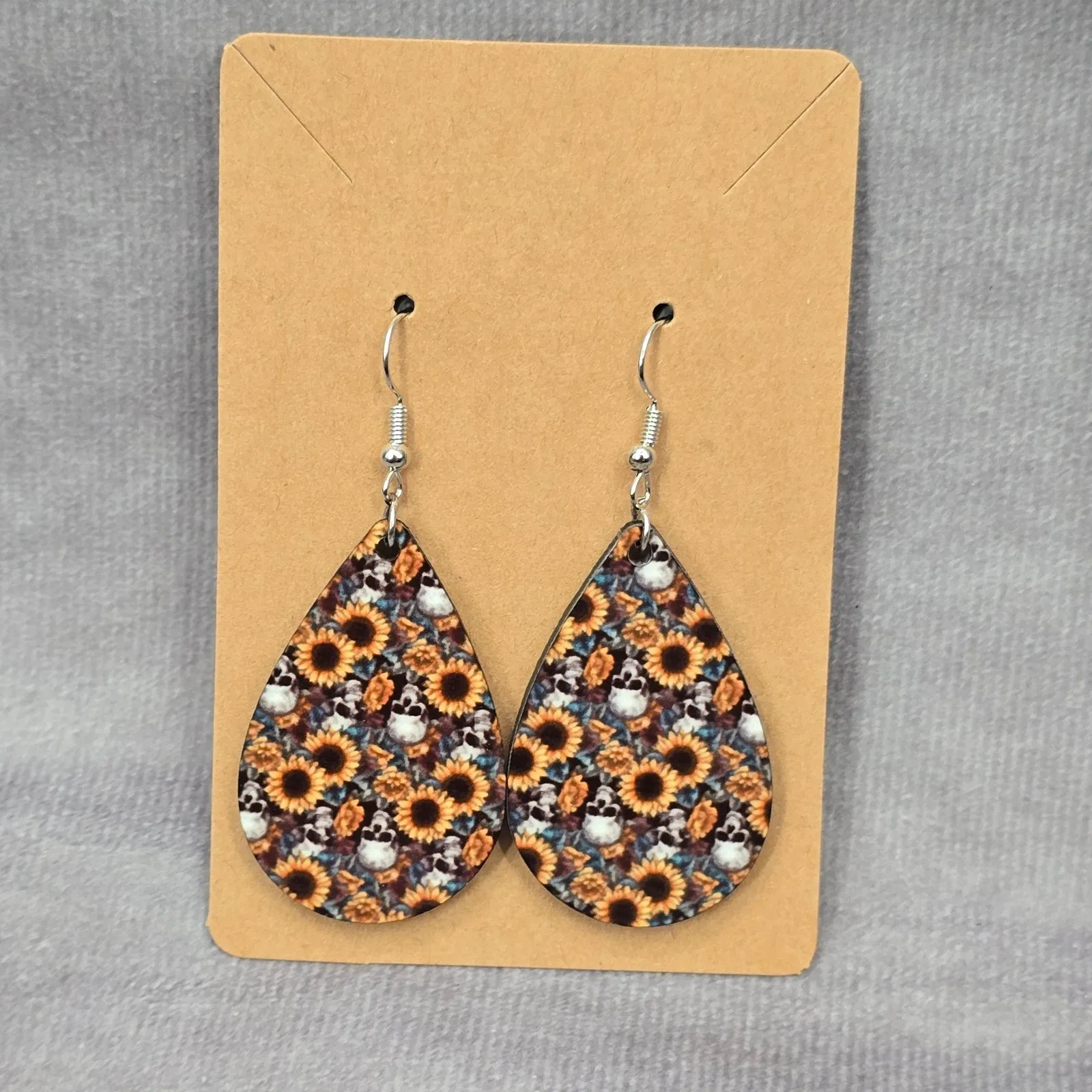 Skull Sunflower Halloween Teardrop Hook Handmade Earrings JB1E2