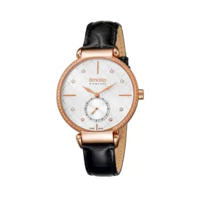 Smalto Ladies Watch Glossy Black Leather Strap White Dial With Diamond