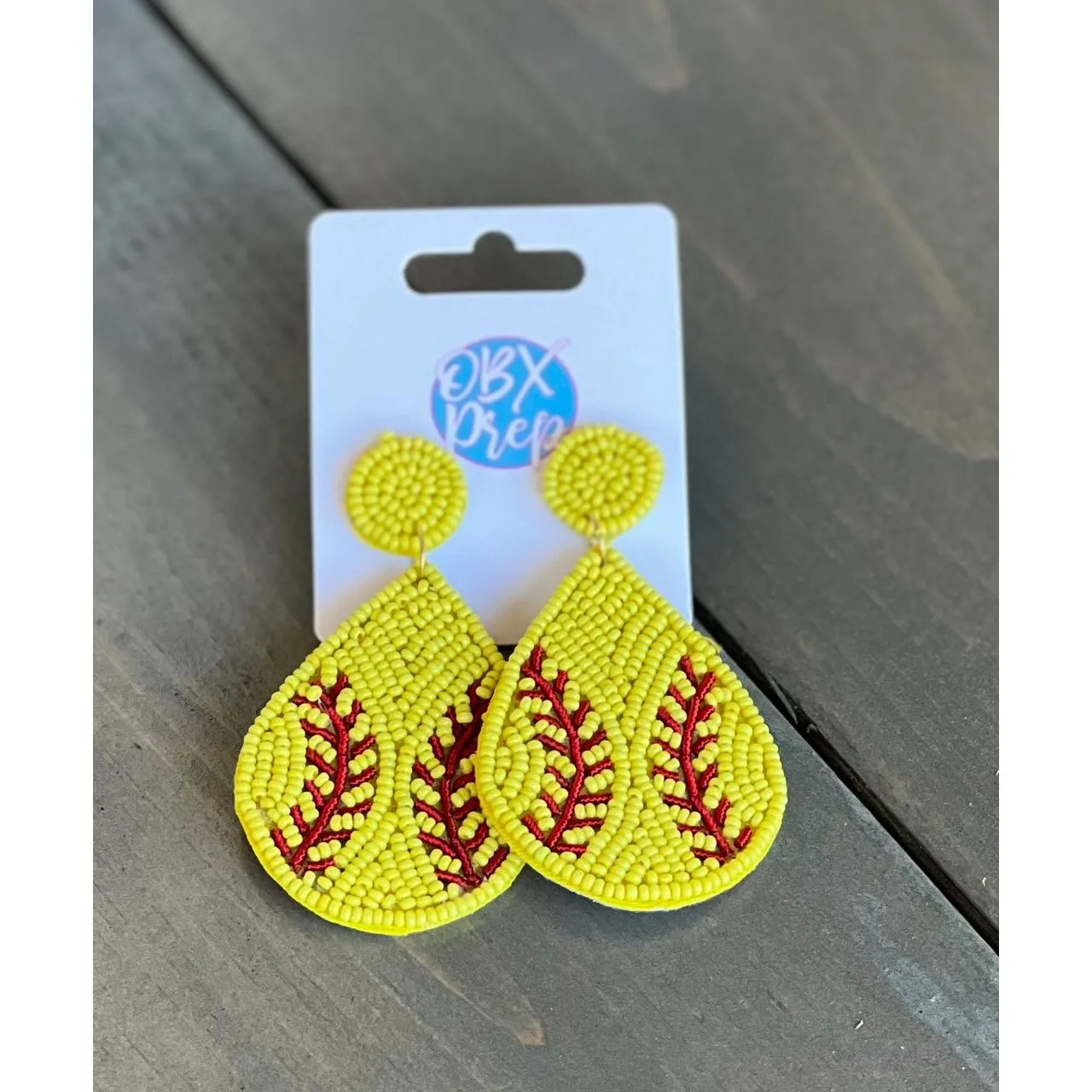 Softball Teardrop Seed Beaded Dangle Earrings